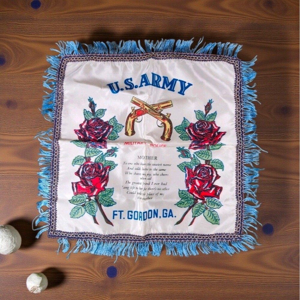 Vintage U.S. Army Ft Gordon Military Police Pillow Cover Blue Fringe Pillowcase